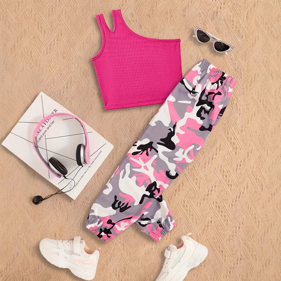 Kids’ Clothing Girls Fashion Sports Vest Camouflage Trousers Suit Casual Sports Suit