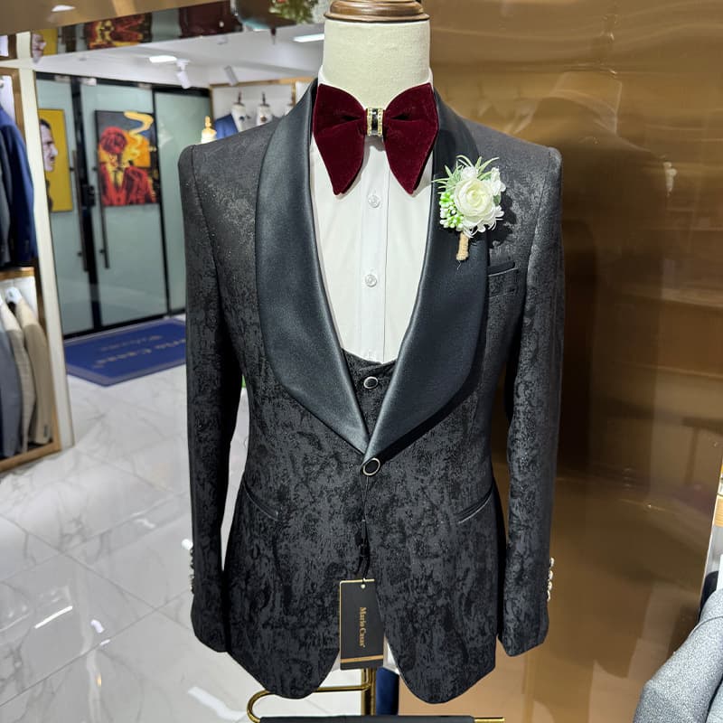 Elegant Slim Fit Men's Wedding Suit 3-Piece Set With Print Design - Formal Blazer, Vest & Dress Pants For Groom, Host & Special Occasions
