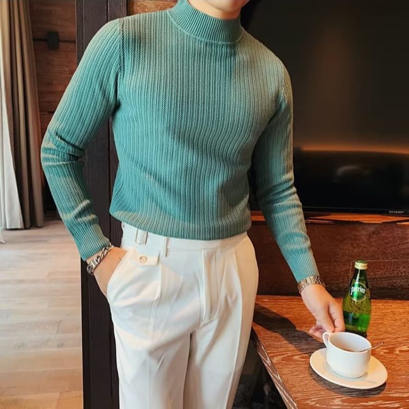 Men's Clothing New autumn knitted short sleeved half high collar T shirt men's slim inner top men's sweater bottoming shirt