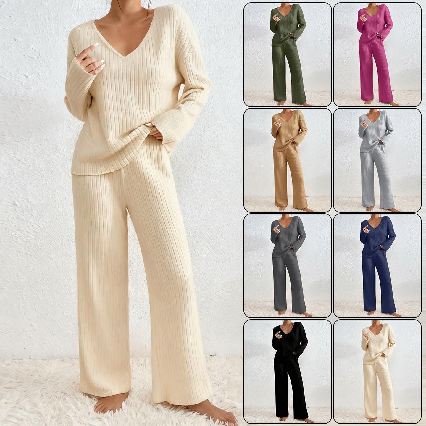 Women’s Ribbed Brushed Two-Piece Set – V-Neck Long Sleeve Top & Loose Fit Pants, Cozy Casual Outfit For Fall & Winter