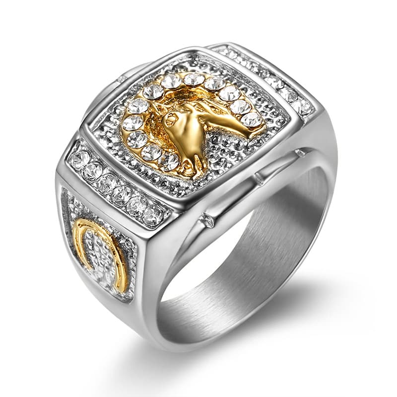Men's Jewelry Popular Hip Hop HIPHOP Jewelry Titanium Steel Gold Plated Diamond Horse Head Men's Ring