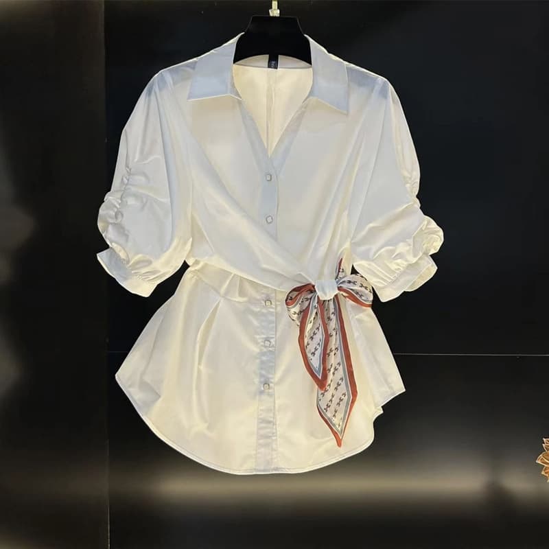 Women's Clothing New Arrivals Short Sleeved Shirt Waist Scarf Top White Women's European Temperament All Match Three Quarter Sleeve Shirt