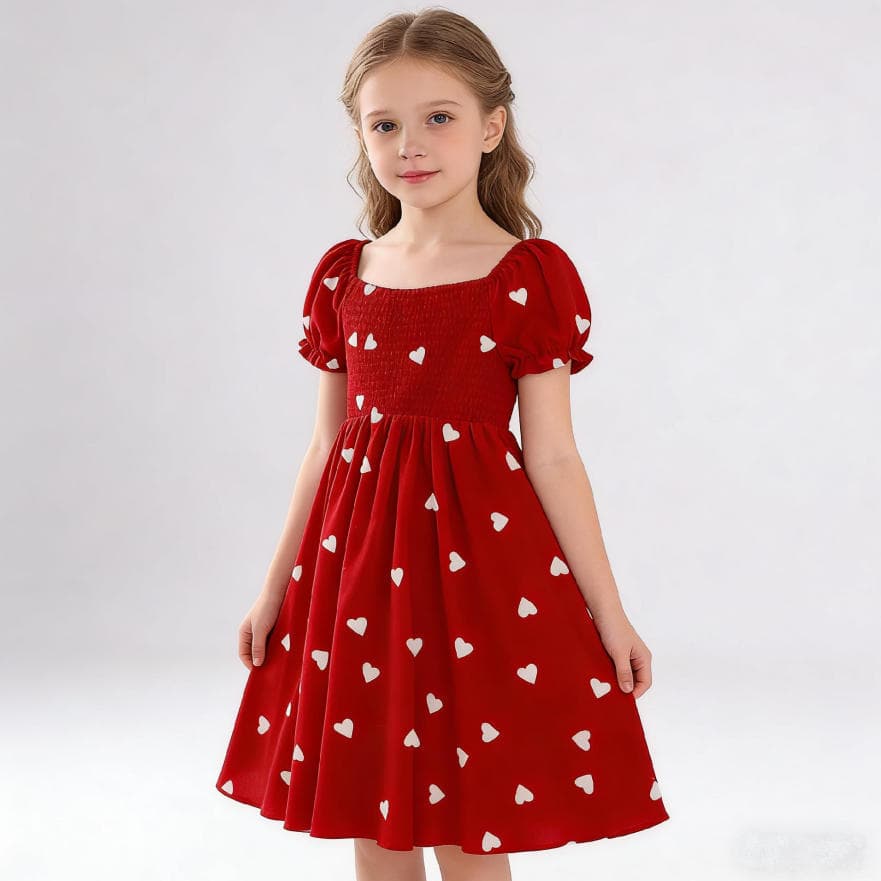 Girls Bow Dress Heart Print Puff Sleeve Fashionable Dress for Kids Toddler Clothing 3-7 Years Old