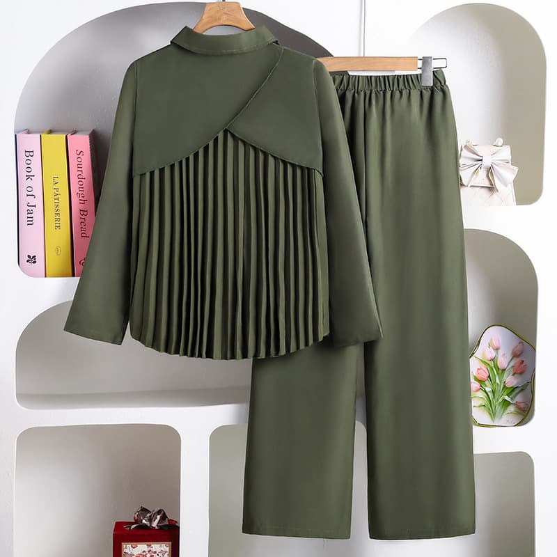 Girls' Fashionable Clothing Set Spring Back Pleated Long Sleeved Shirt And Casual Pants
