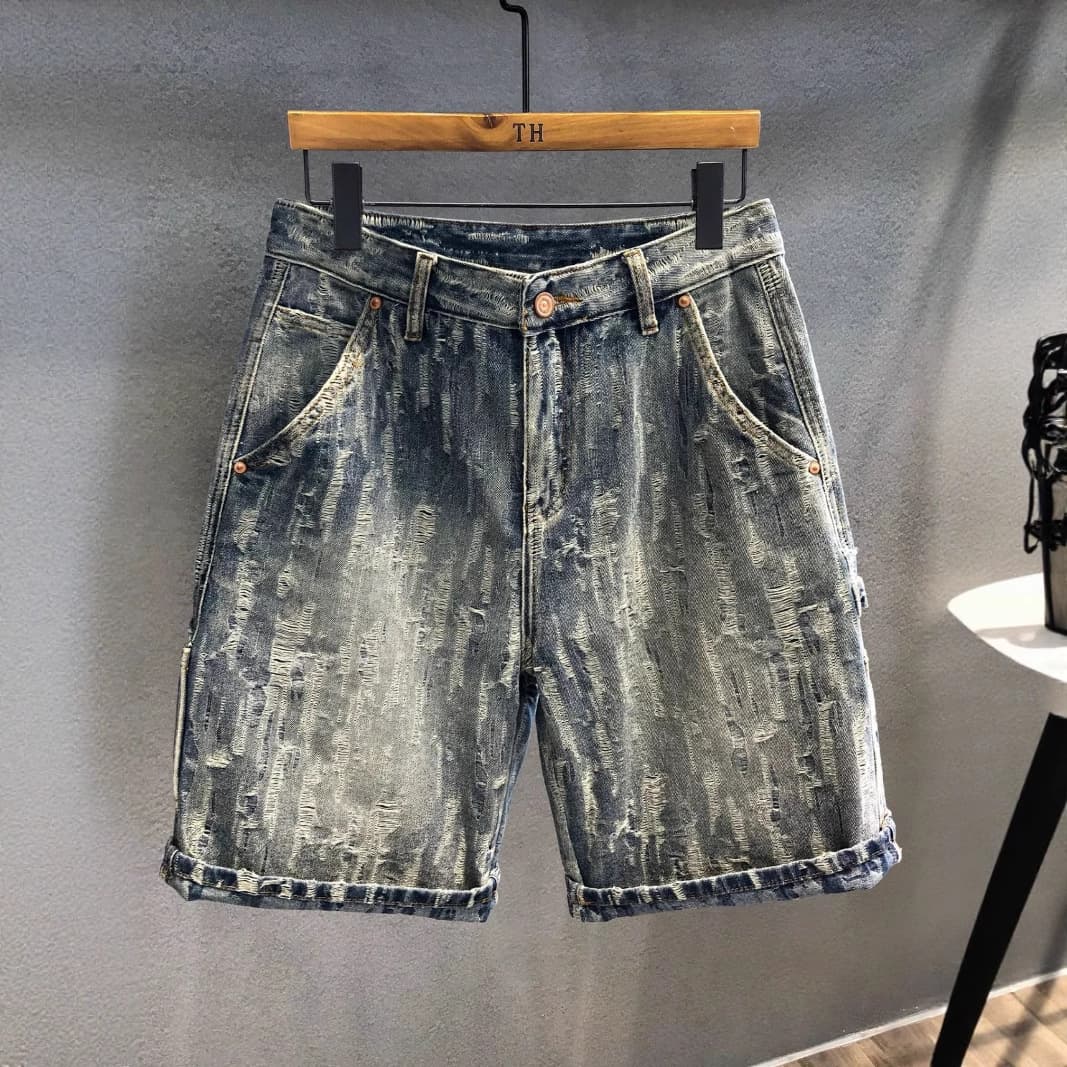 Men's Clothing Designer Style Heavy Craftsmanship Scratched Washed Trendy Brand Denim Shorts Men's Thin Pants 2025 Loose Shorts