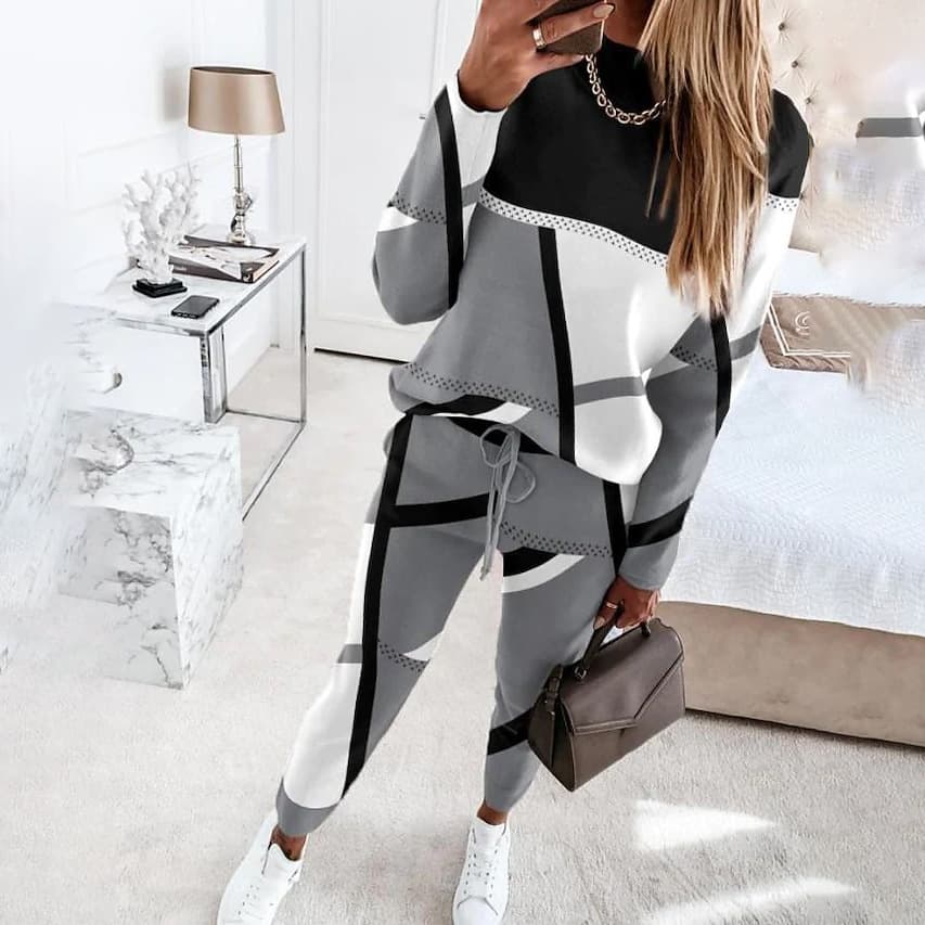 Women's Clothing 2024 new two piece set contrast color printing long sleeved round neck casual fashion suit