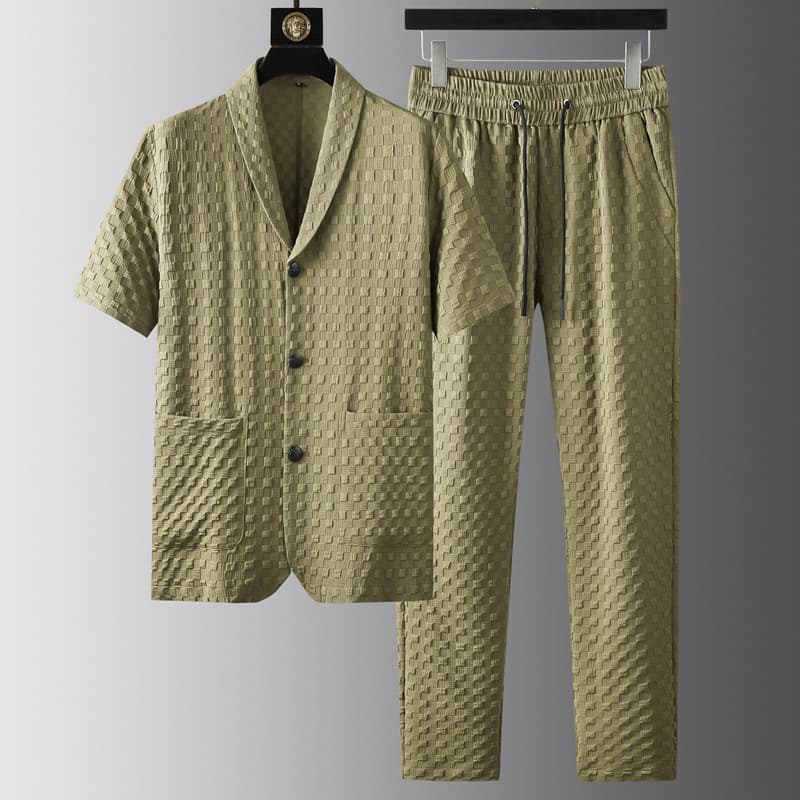 High End Quality Summer Short Sleeved Suit Casual Suit Men's Fashion Plaid Jacquard Stretch Two Piece Suit Handsome