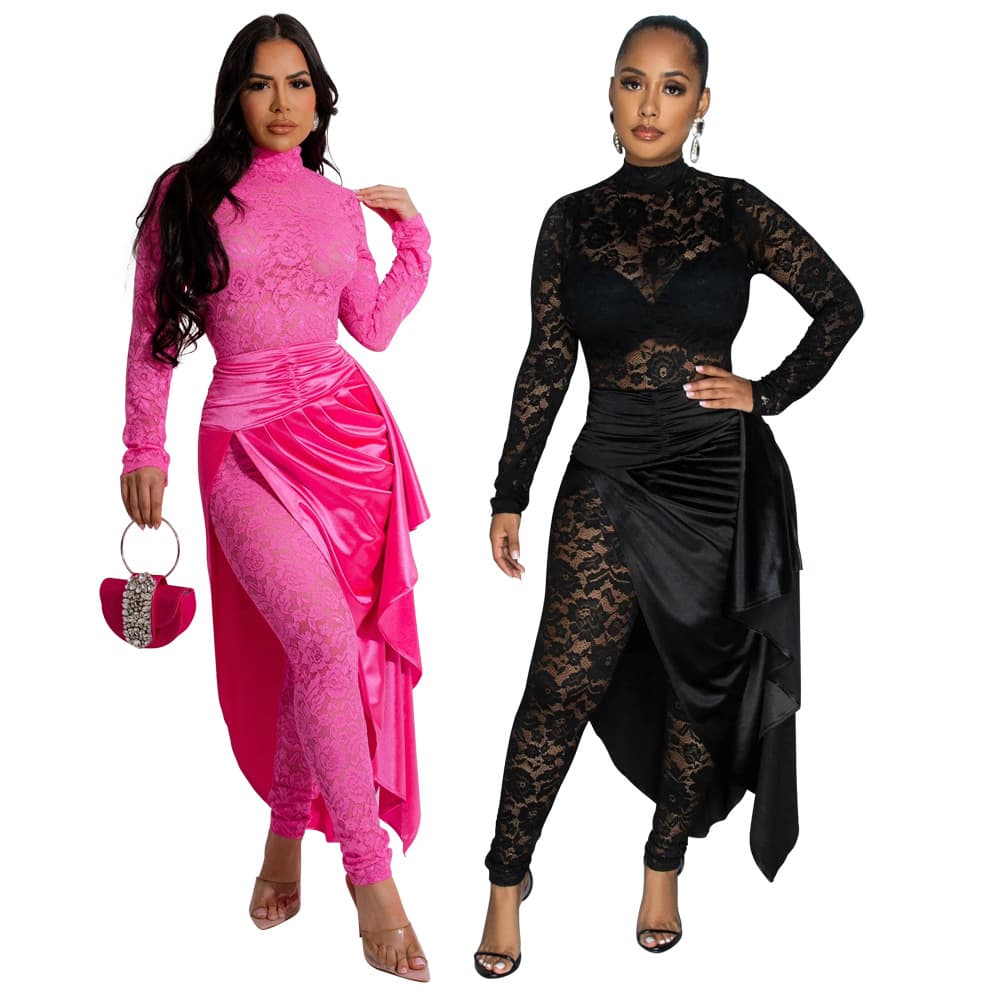 Women's Clothing solid color round neck long sleeved slim jumpsuit with lace up half length cape skirt two piece set for women