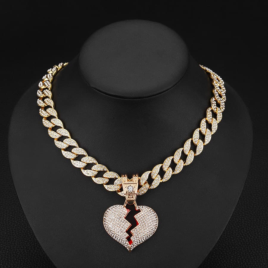 Ins fashion style alloy full diamond boyfriend love pendant necklace men and women hip hop broken heart pendant chain