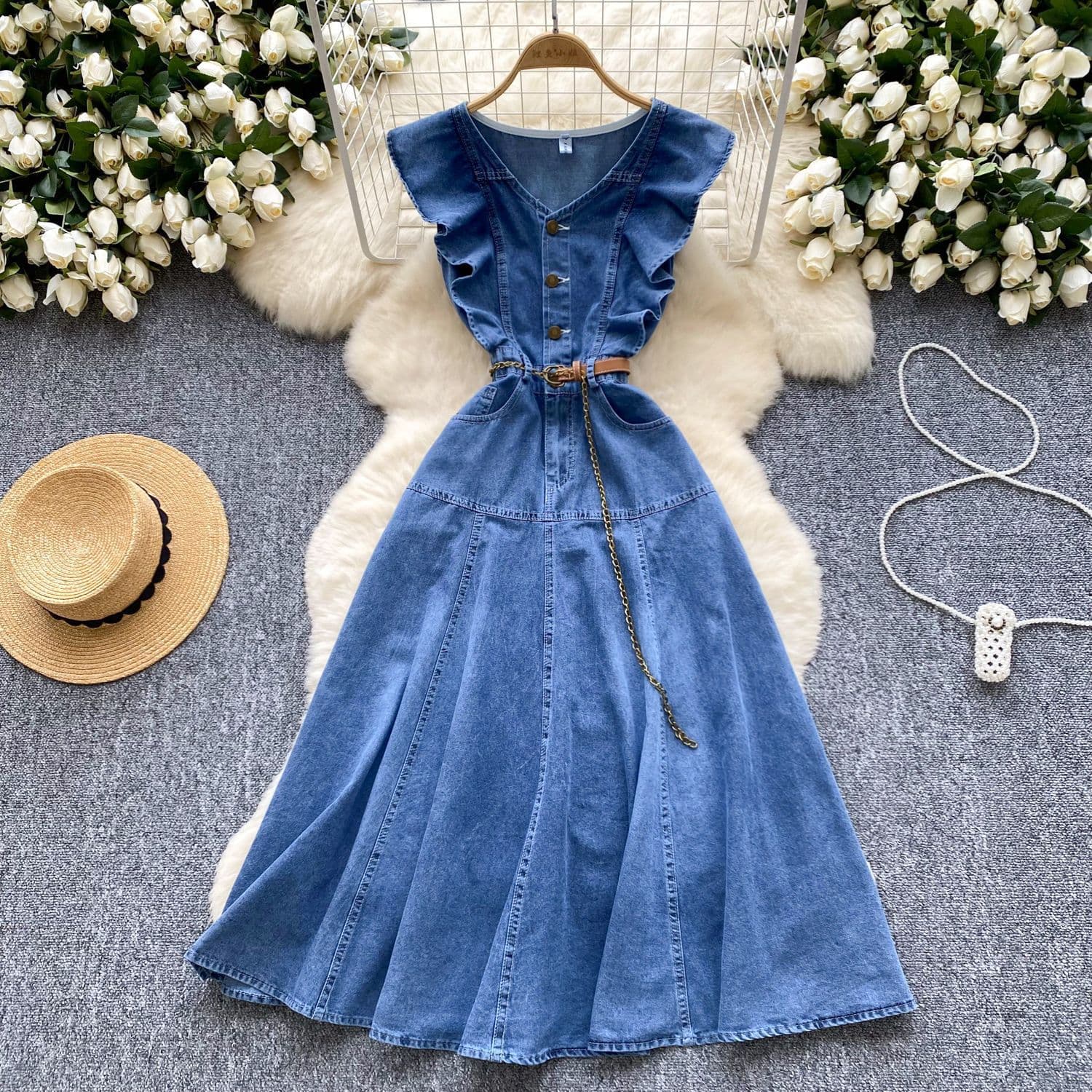 Design Sense V Neck Wood Ear Edge Stitching Single Breasted Waist Slimming Temperament Knee Length Denim Dress