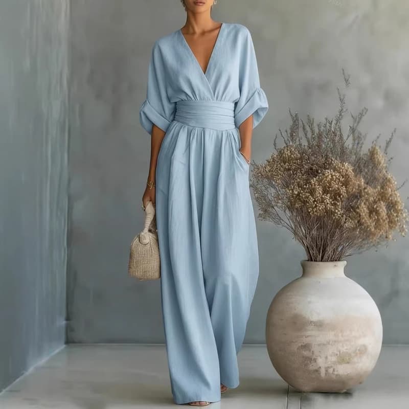 Elegant V-Neck Waist-Defining Jumpsuit For Women - Chic Wide-Leg Romper With Ruffle Detail Flattering V-Neckline