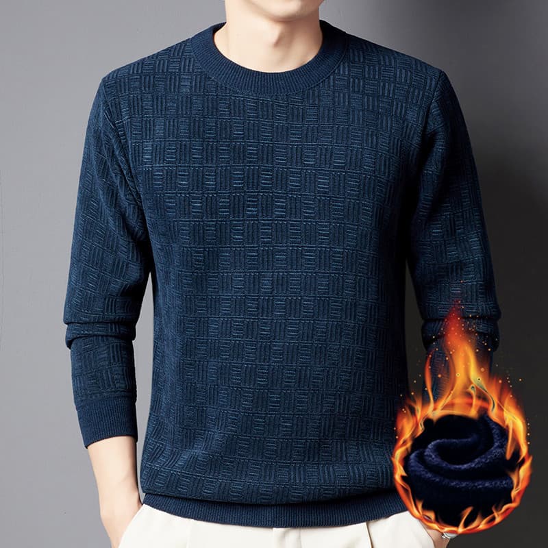 Men's Clothing Winter Men's Sweater Plus Velvet Thickened Jacquard Plaid All in one Velvet Warm Top Solid Color Round Neck Bottoming Sweater