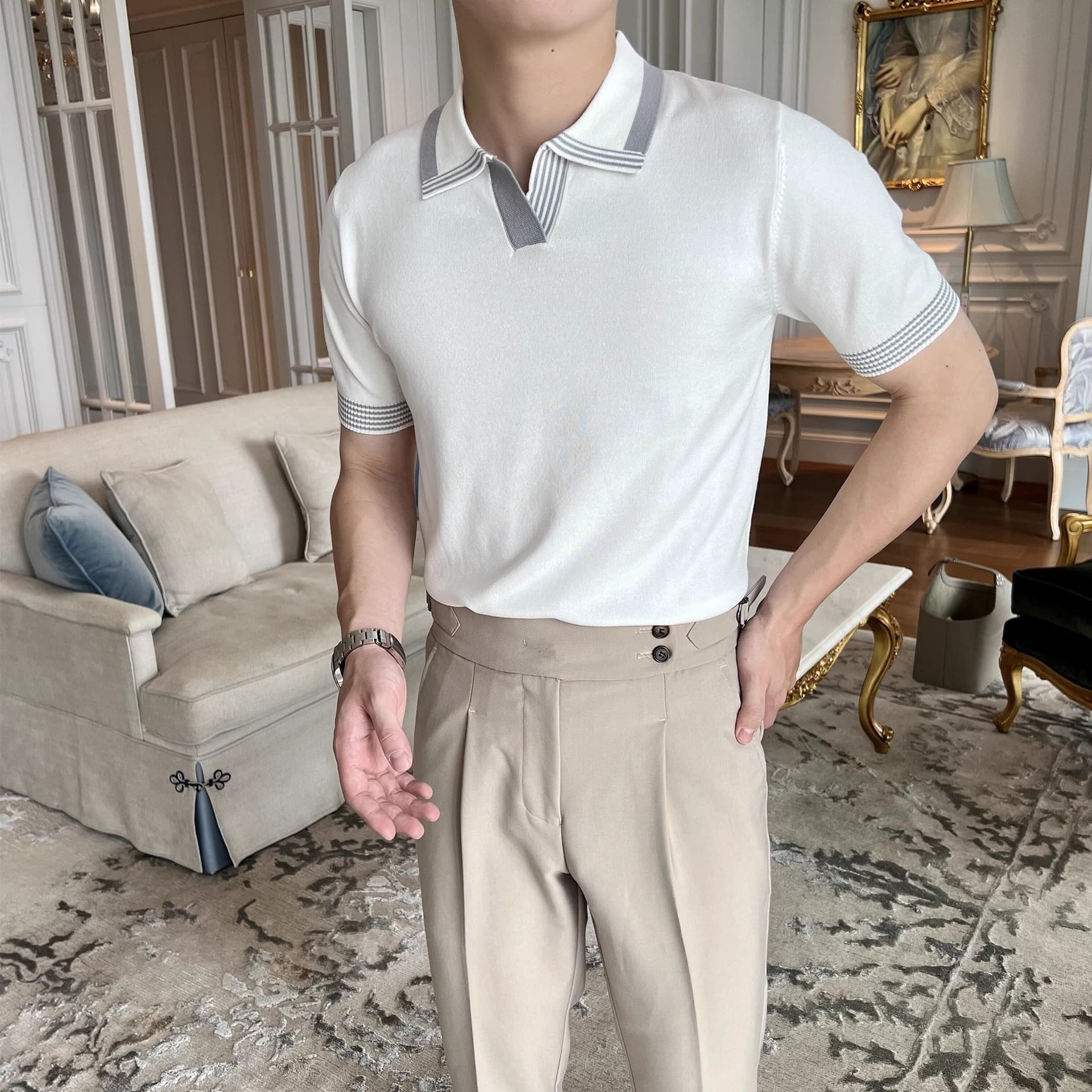 Men's Clothing Summer New Polo Shirt Men's British Casual Business Lapel Ice Silk Knitted T Shirt Slim Thin Short Sleeve Men