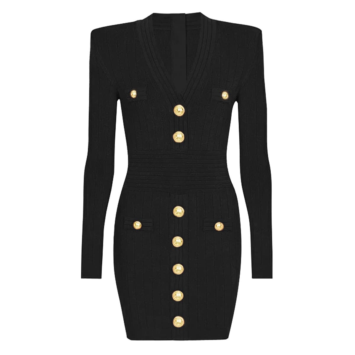 Elegant V-Neck Knit Dress – Slim Fit Long Sleeve Bodycon Dress With Embroidered Detail (Black/White/Pink)