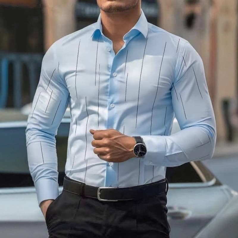 Chemise homme à manches longues, extensible, à quatre côtés, printemps et automne, à fines rayures, sans repassage, pour le travail et l'extérieur