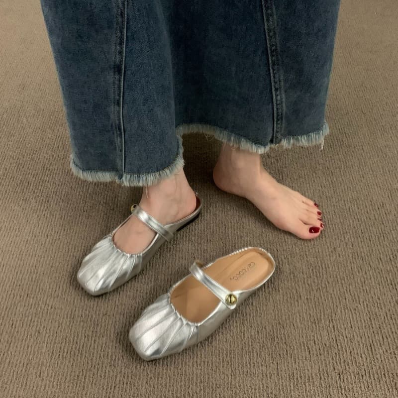 p5 Silver flat-bottomed Baotou half-slippers outside wear 2023 summer new mother Mary Jane Muller ladies sandals single shoes