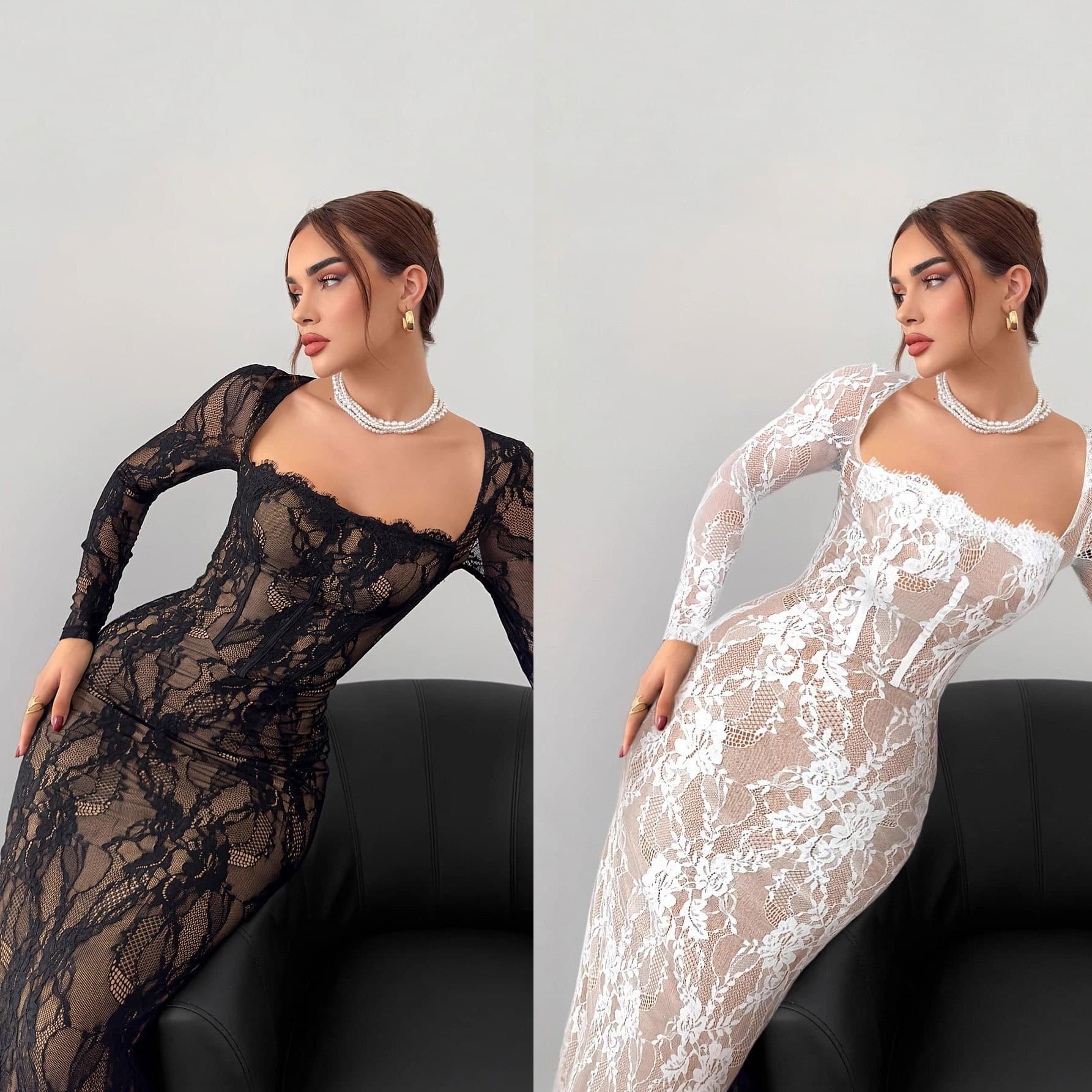 Elegant Long Sleeve Lace Trim Square Neck Back Zipper A-Line Maxi Dress With Side Slit Fashion Trends