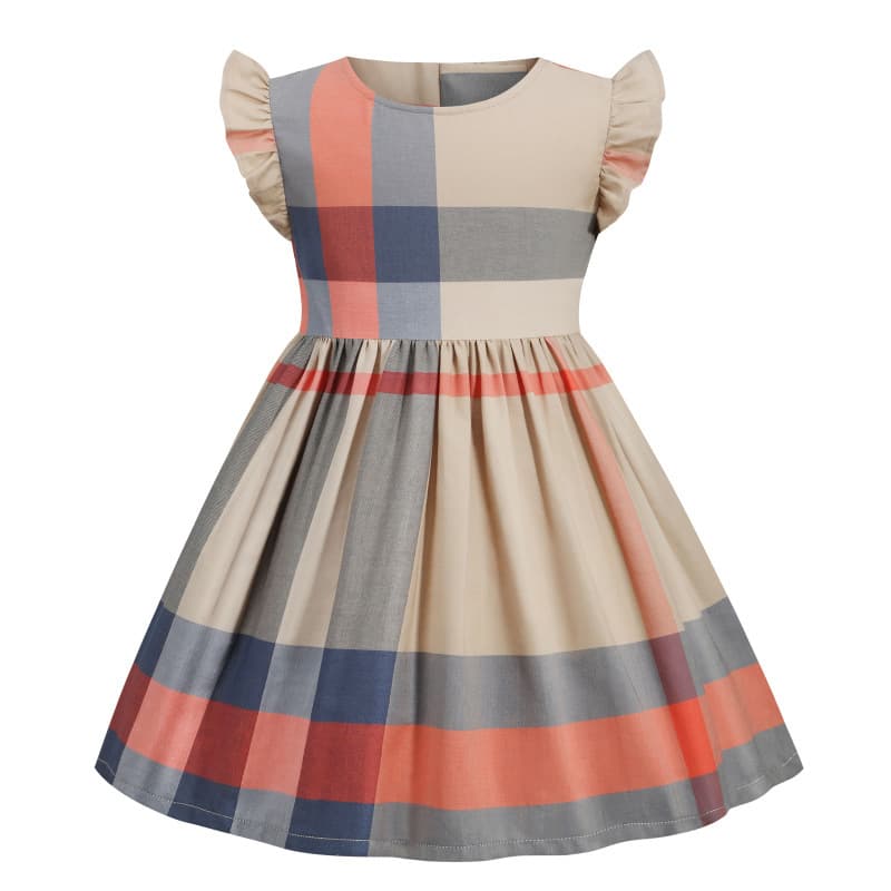 Mother & Kids 2024 spring and summer new round neck small flying sleeve pure cotton dress girls short-sleeved plaid skirt