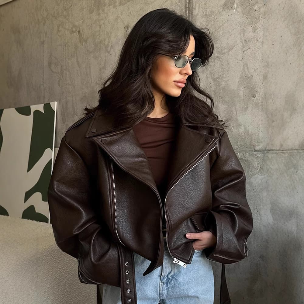 "Designer Cropped PU Leather Jacket For Women - Retro Notch Lapel With Adjustable Belt, Wrinkle-Resistant Faux Leather Coat, Street Style Essential