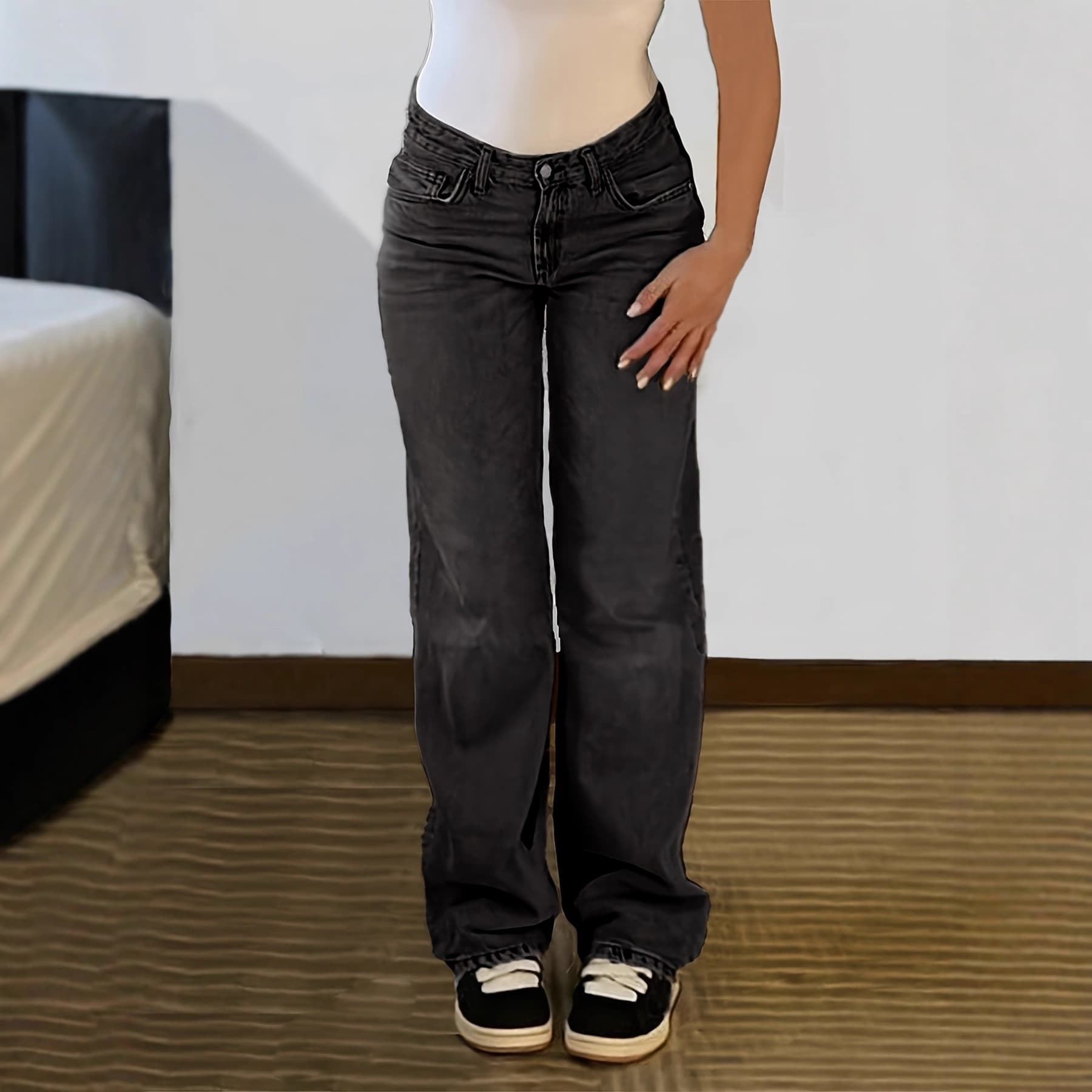 Vintage Washed Black-Gray Wide Leg Jeans For Women - High Waist Straight Denim Pants With Distressed Details (Xs-Xxl)