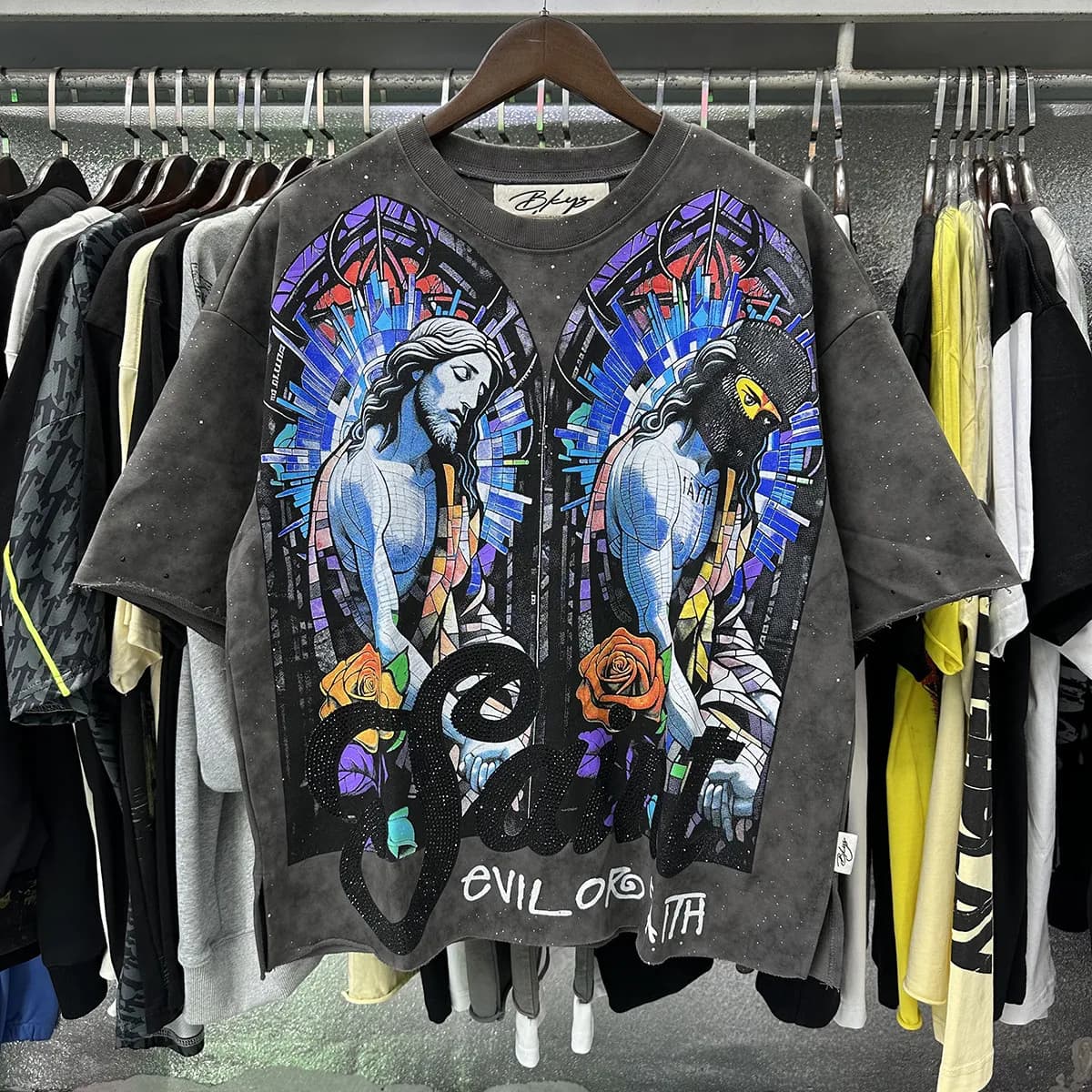 T-shirts pour hommes BKYS, imprimé losanges rétro graffiti squelette diable, coton noir délavé, manches courtes, coupe ample.