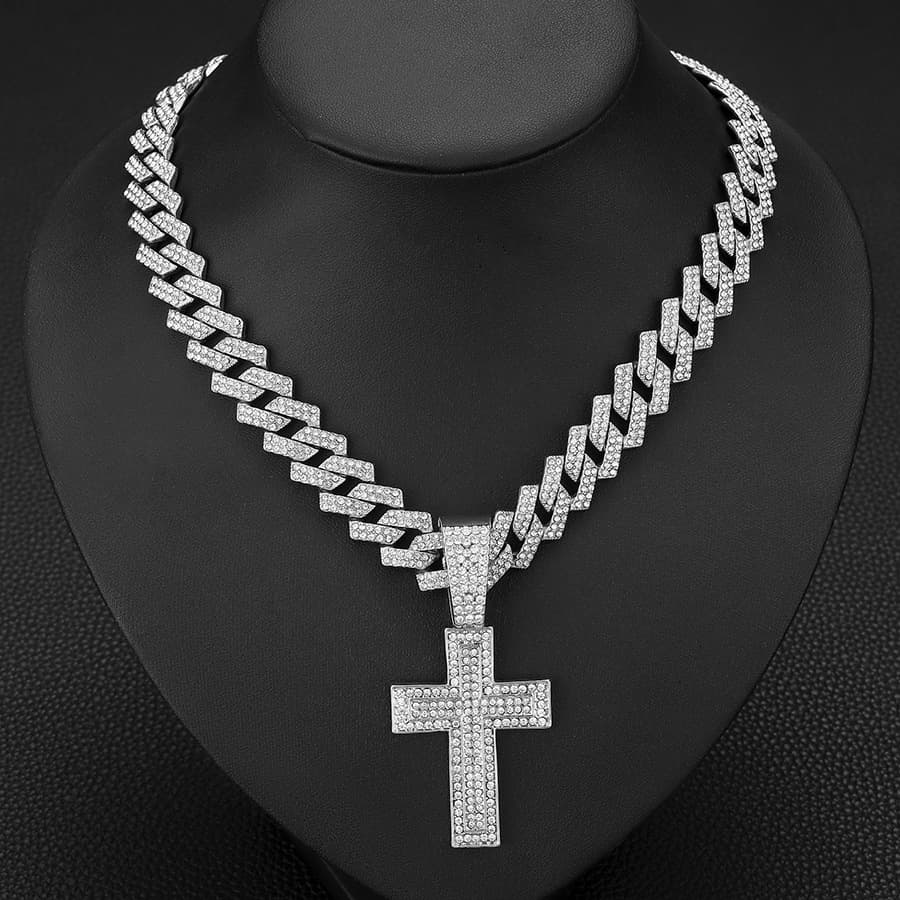 Hip hop hot selling alloy full cross pendant fashion trend rap diamond men's Cuban chain necklace jewelry