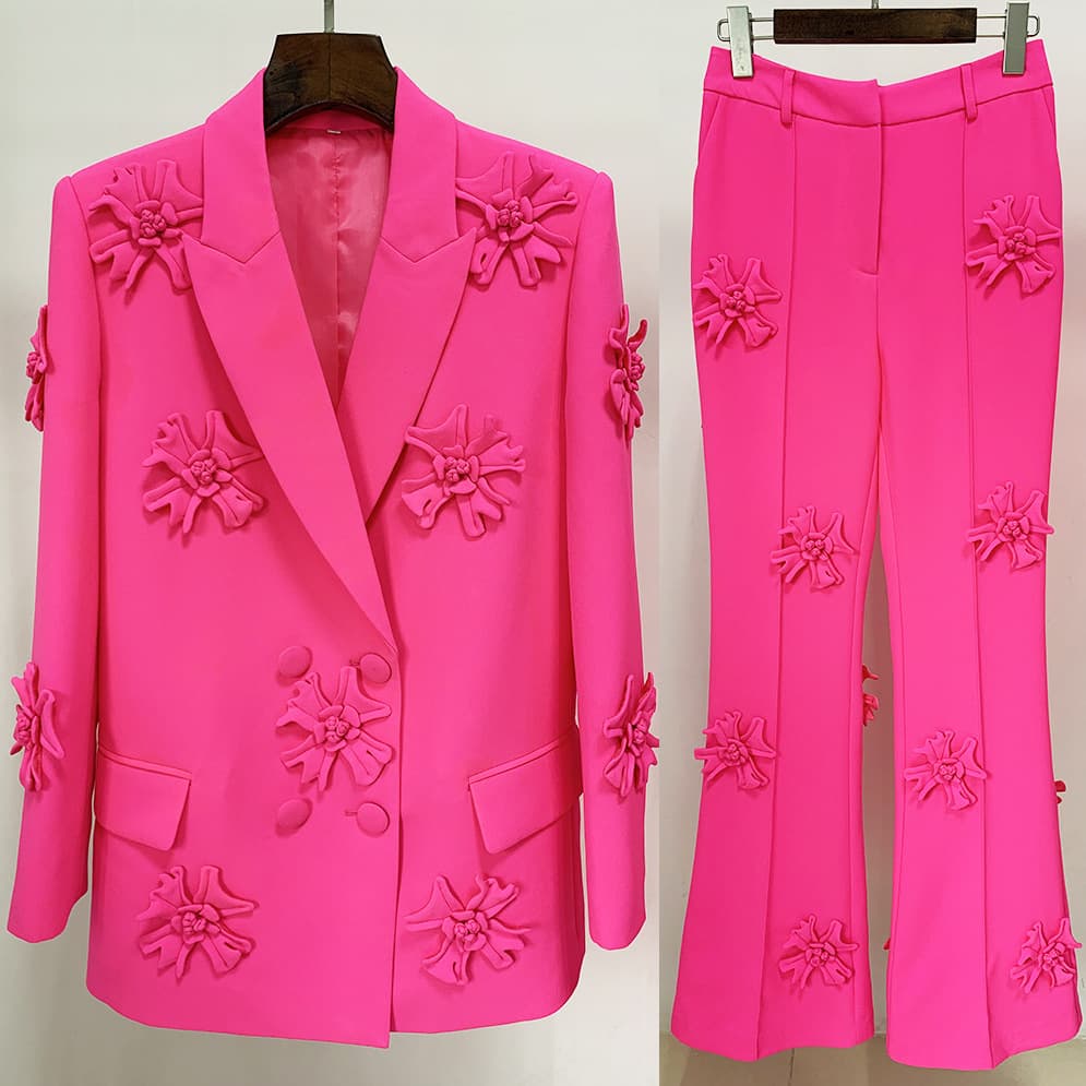 Women's Clothing Heavy Duty Three Dimensional Flower Elegant Double-Breasted Suit Set With 3D Floral Embroidery - Matching Blazer & Trousers​
