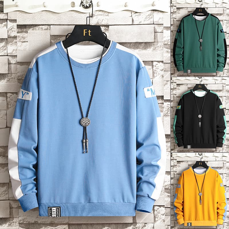 Men's Clothing Spring And Autumn New Fashion Brand Men's Sweater Trend Color Block Loose Round Neck Long Sleeve T Shirt Top Casual Men's Wear