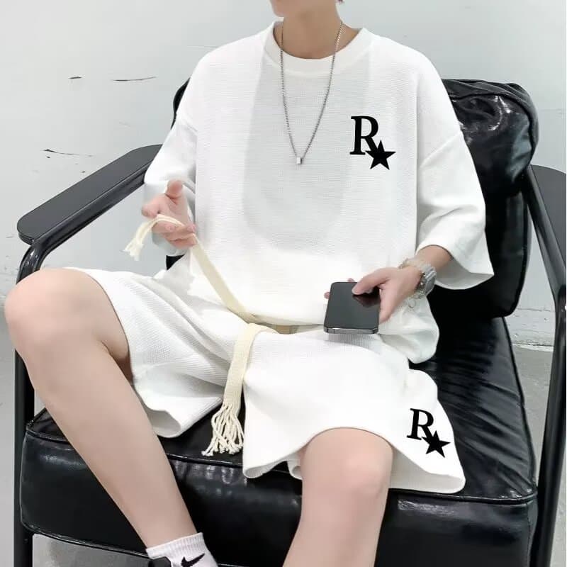 Men's Waffle Tracksuit Casual Loose Plus Size High Street Trendy Brand Printed Summer Two Piece Set With Short Sleeved Shorts