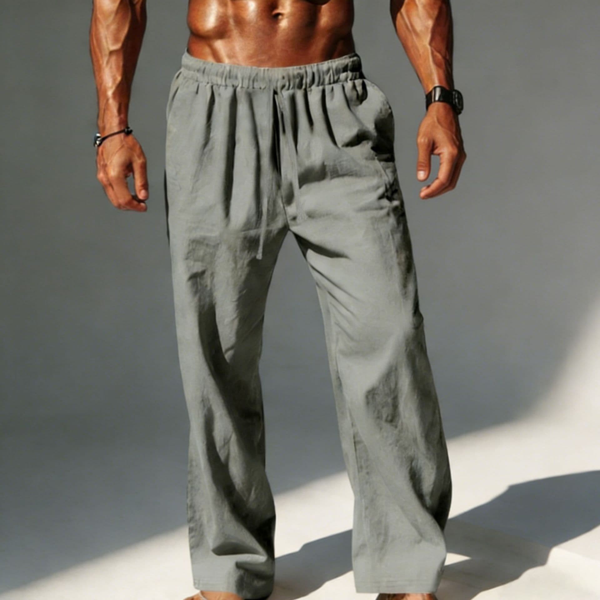 Men's Casual Loose Breathable Long Pants Mid Waist Wide Leg Cotton Linen Blend Solid Color Sports Trousers