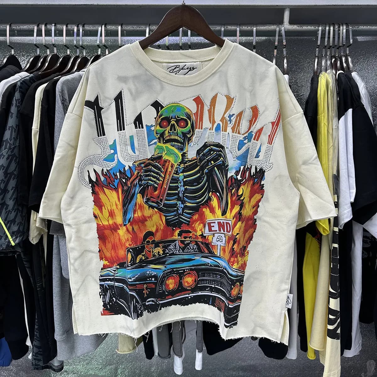 T-shirts pour hommes BKYS, imprimé losanges rétro graffiti squelette diable, coton noir délavé, manches courtes, coupe ample.