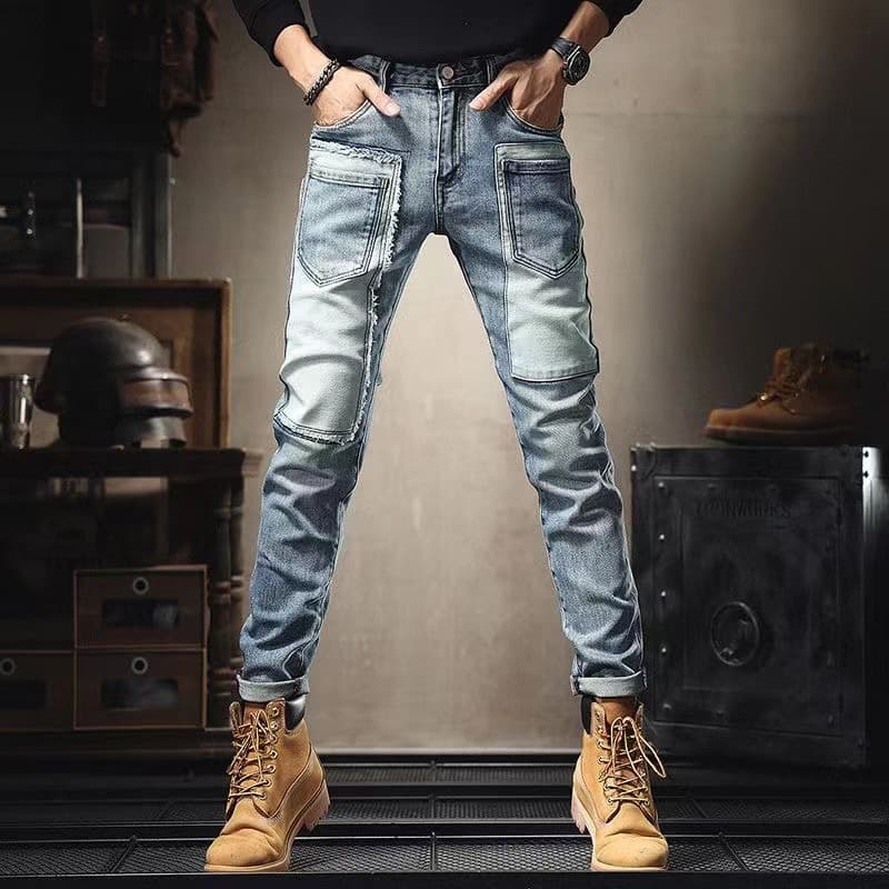 Men's Clothing Patched Handsome Jeans For Men With Multiple Pockets, Trendy Slim-fitting Pants With Contrasting Color Patches And Stretch Trousers