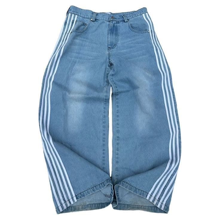 Men's Clothing Retro Striped Stitching Embroidered Jeans Street Casual Loose Straight Wide Leg Mopping Long Pants