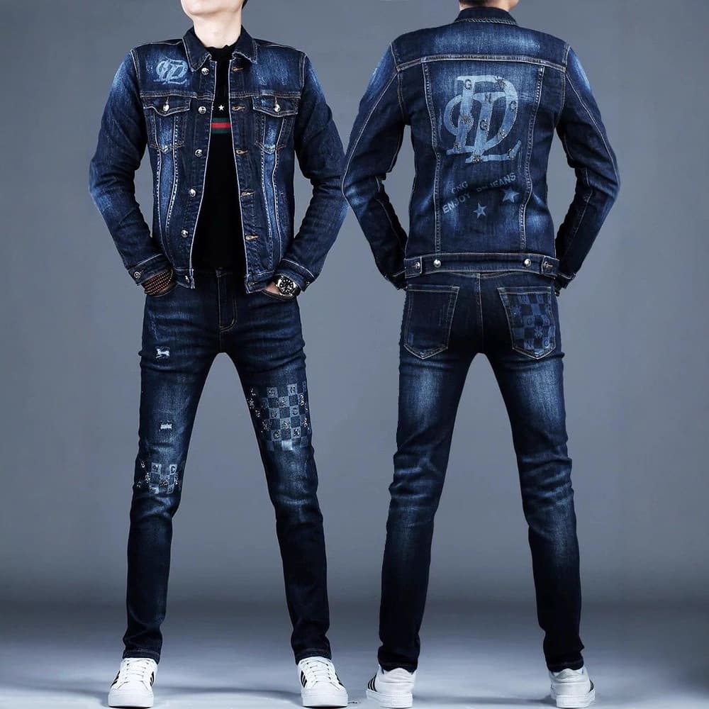 Men's Clothing New Style Rhinestone Denim Suit Men's Pants Trendy Slim Fit Denim Jacket Autumn/Winter European Style