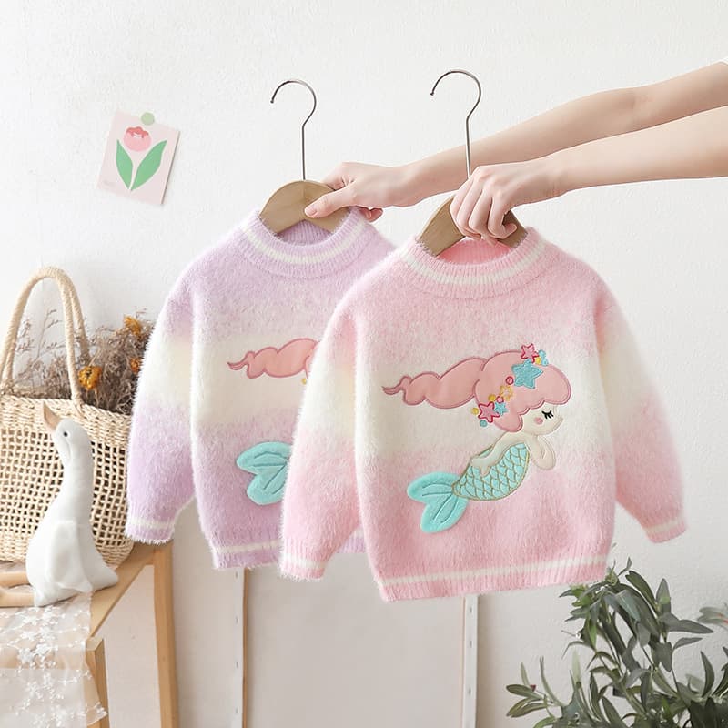 ​​"Mermaid-Themed Velvet Knit Sweater For Girls – Soft Round Neck Winter & Autumn Layering Piece"​​