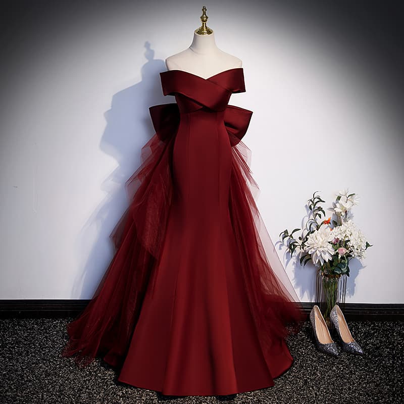 Women's Clothing dress wine red fishtail 2024 new vocal art exam evening dress female annual meeting host one shoulder light wedding dress
