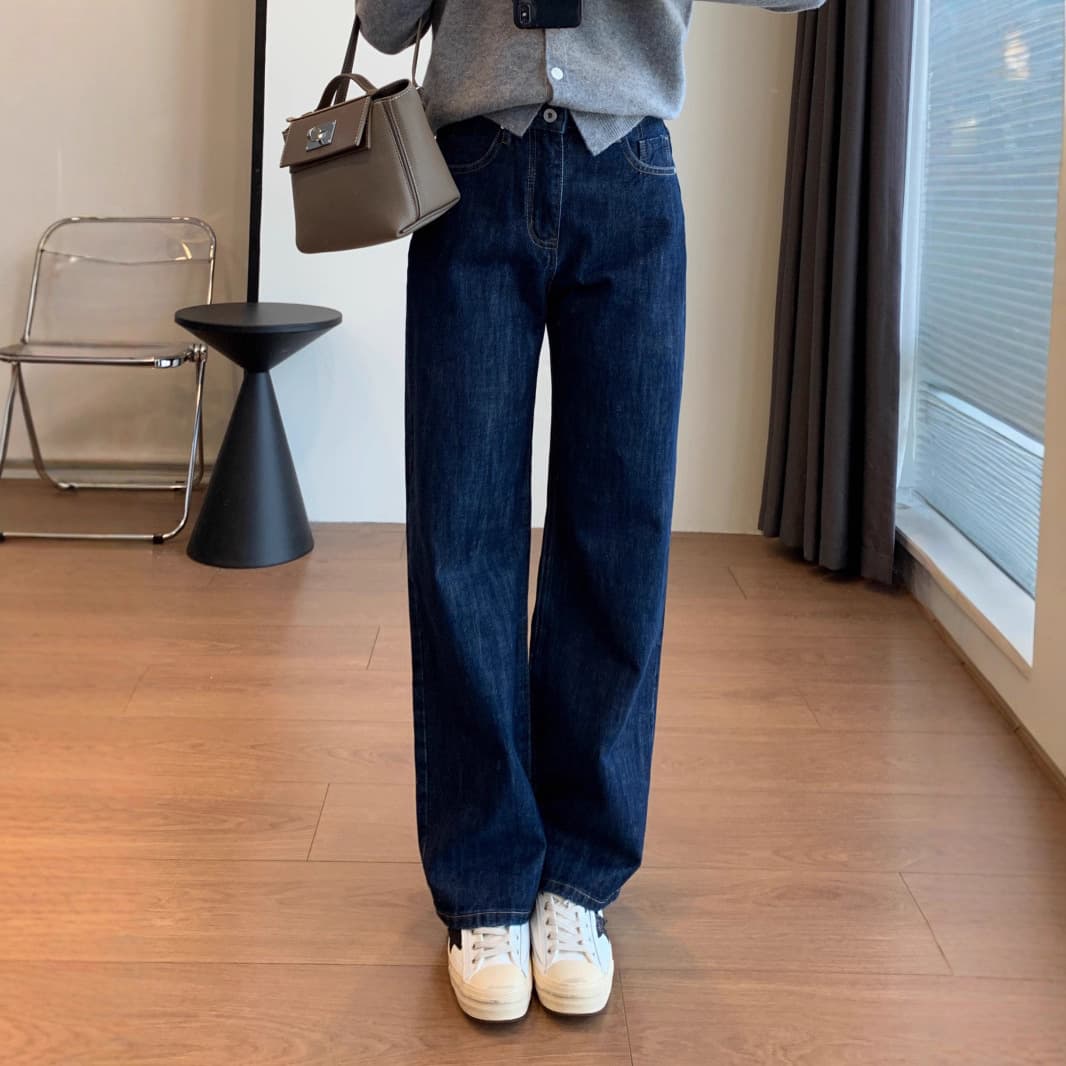 Super Straight Legs, Dark Blue Cotton Red Flanged High Waist And Thin Red Ears Straight Jeans Women's Autumn