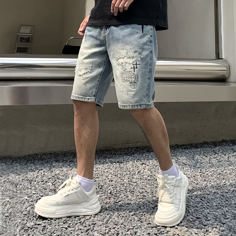 Men's Clothing Summer Denim Shorts Men's Trendy Brand Handsome Ripped Patch Shorts Embroidered New Pants Men's Straight Pants