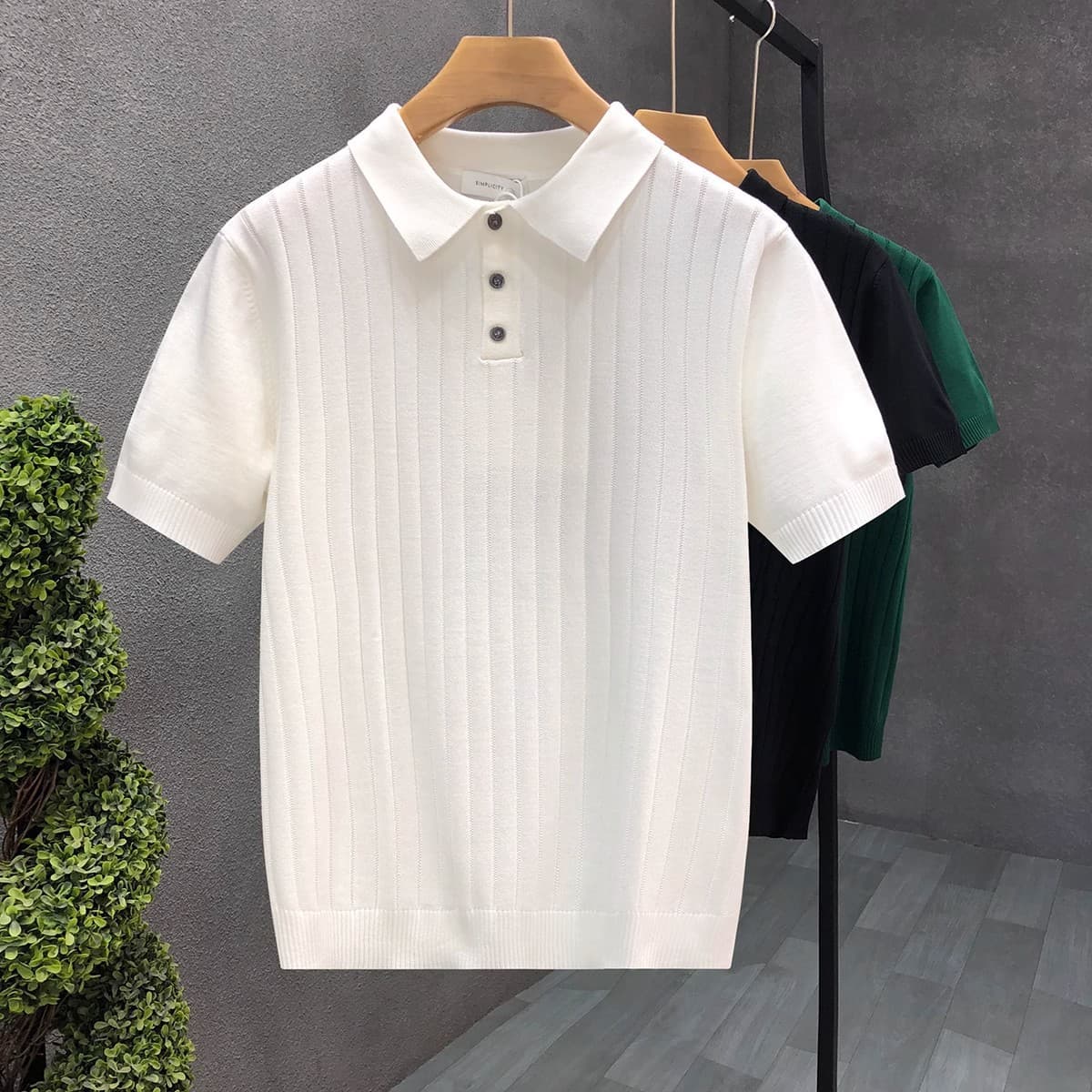 Men's Solid Color Knitted Shirt Casual Fashion Summer Turn Down Collar Short Sleeve Breathable Polyester T-Shirt For Outdoor