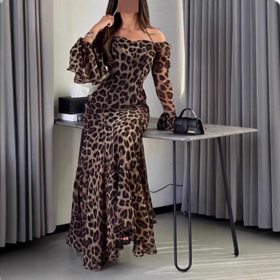 Women's Clothing Autumn And Winter Sexy Chiffon Watermark Leopard Dance Dress