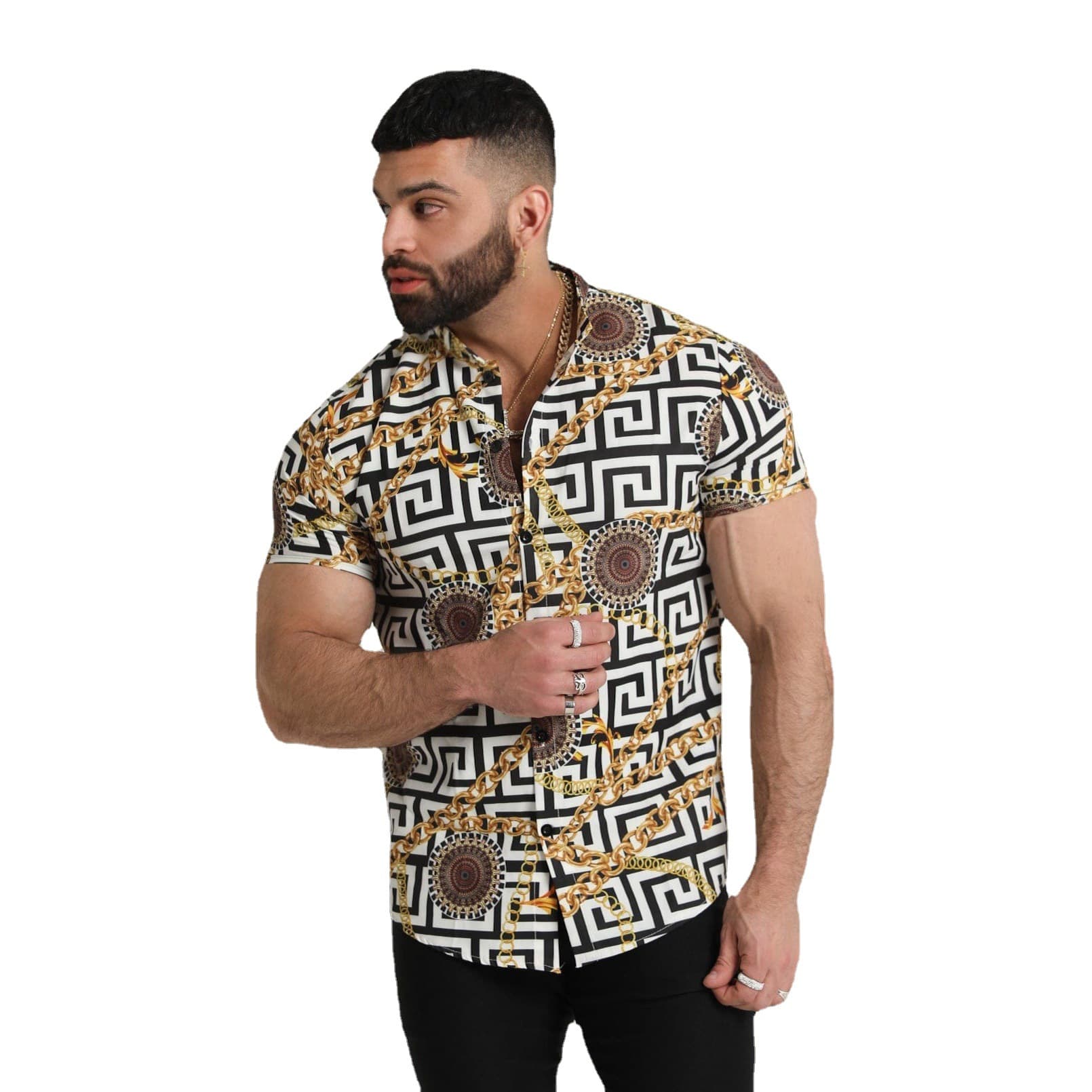 2022 Summer New Men's Casual Print Fragmented Flower Short Sleeve 3D Flip Collar Shirt Top Trend