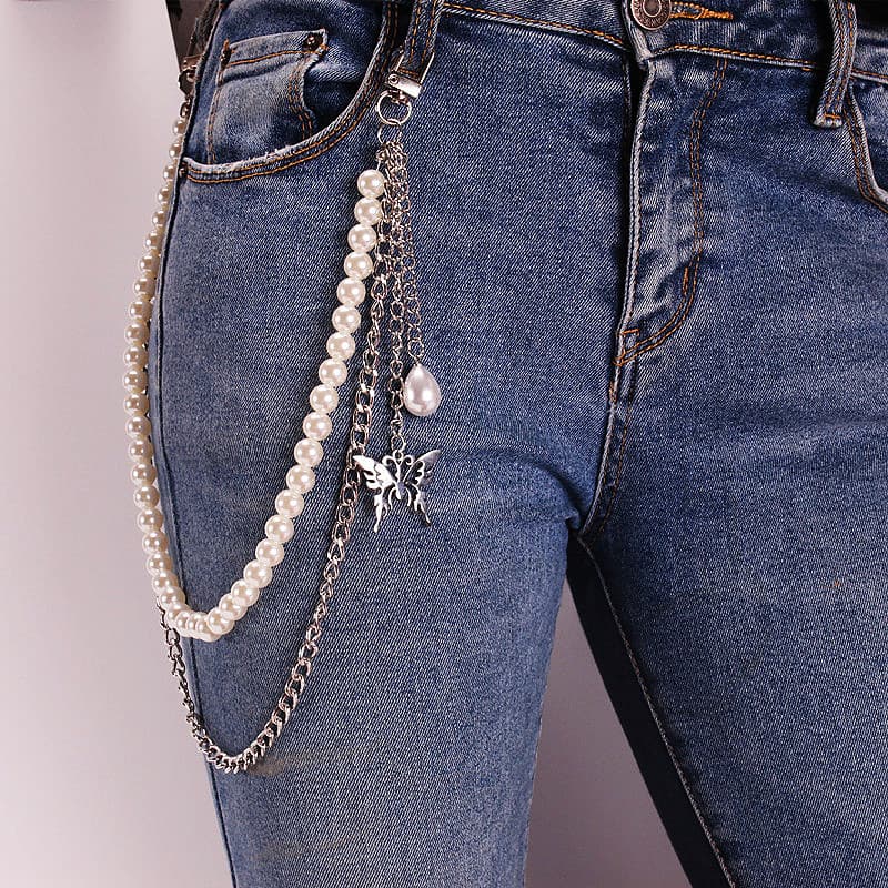 European and American Cross-border Jewelry Simple Joker Stainless Steel Butterfly Waist Cold Style Handmade Pearl Bag Pants Chain