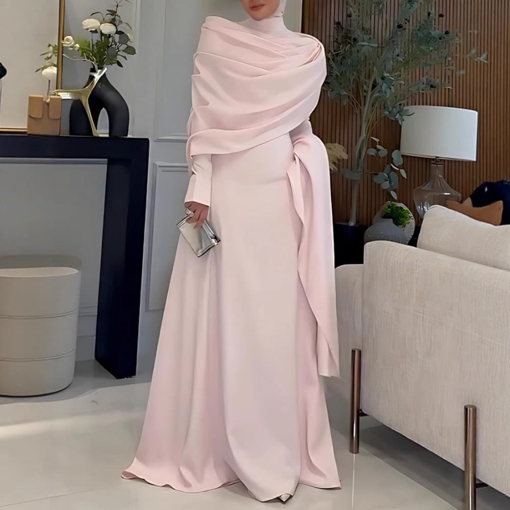 Elegant Pleated Evening Gown With Train - Long Sleeve High Neck Formal Dress For Weddings & Parties - Pink