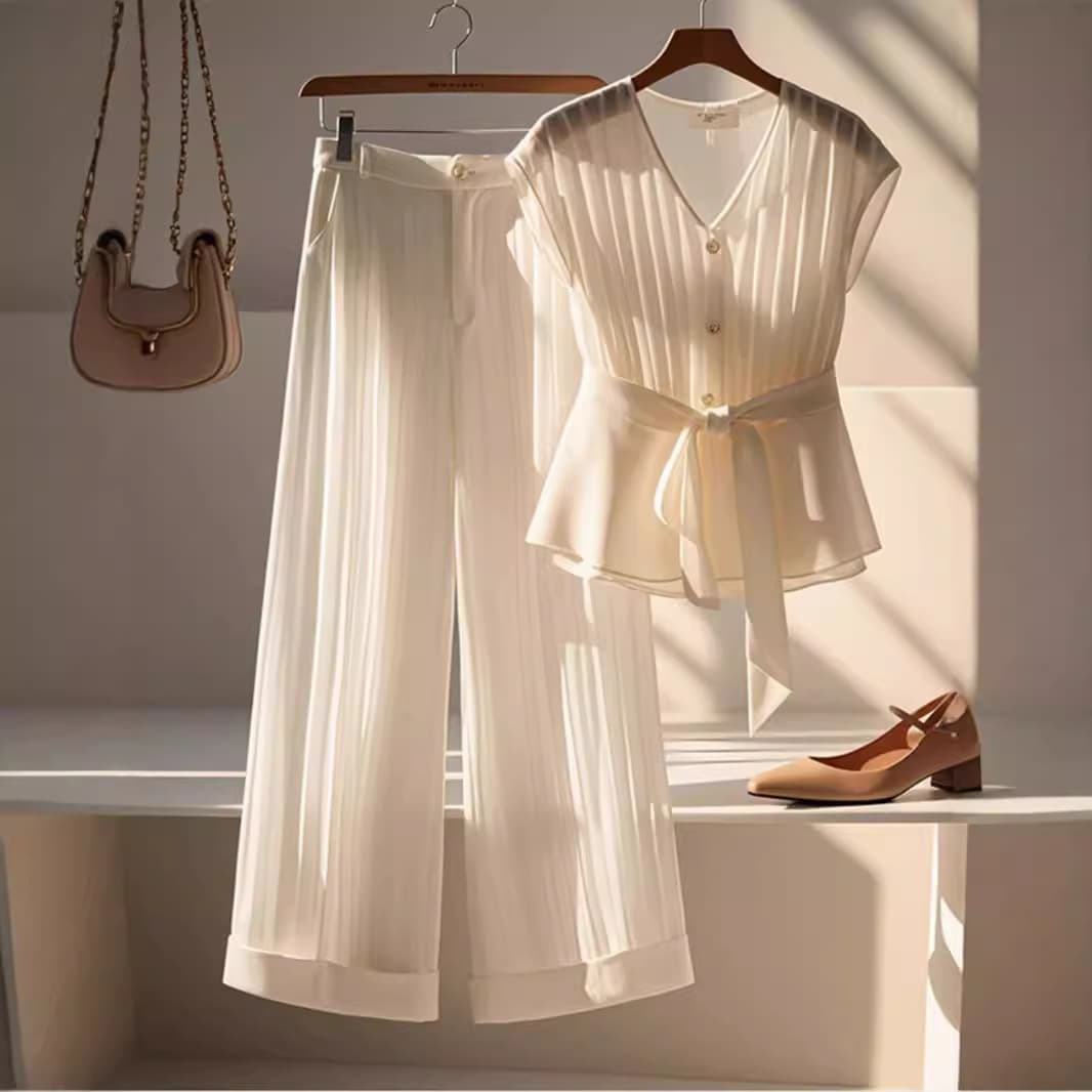 Women's Clothing This Year's Popular Beautiful Xiaoxiang Style Suits For Women New Summer Temperament Chiffon Tops Wide Leg Pants Two Piece Suit