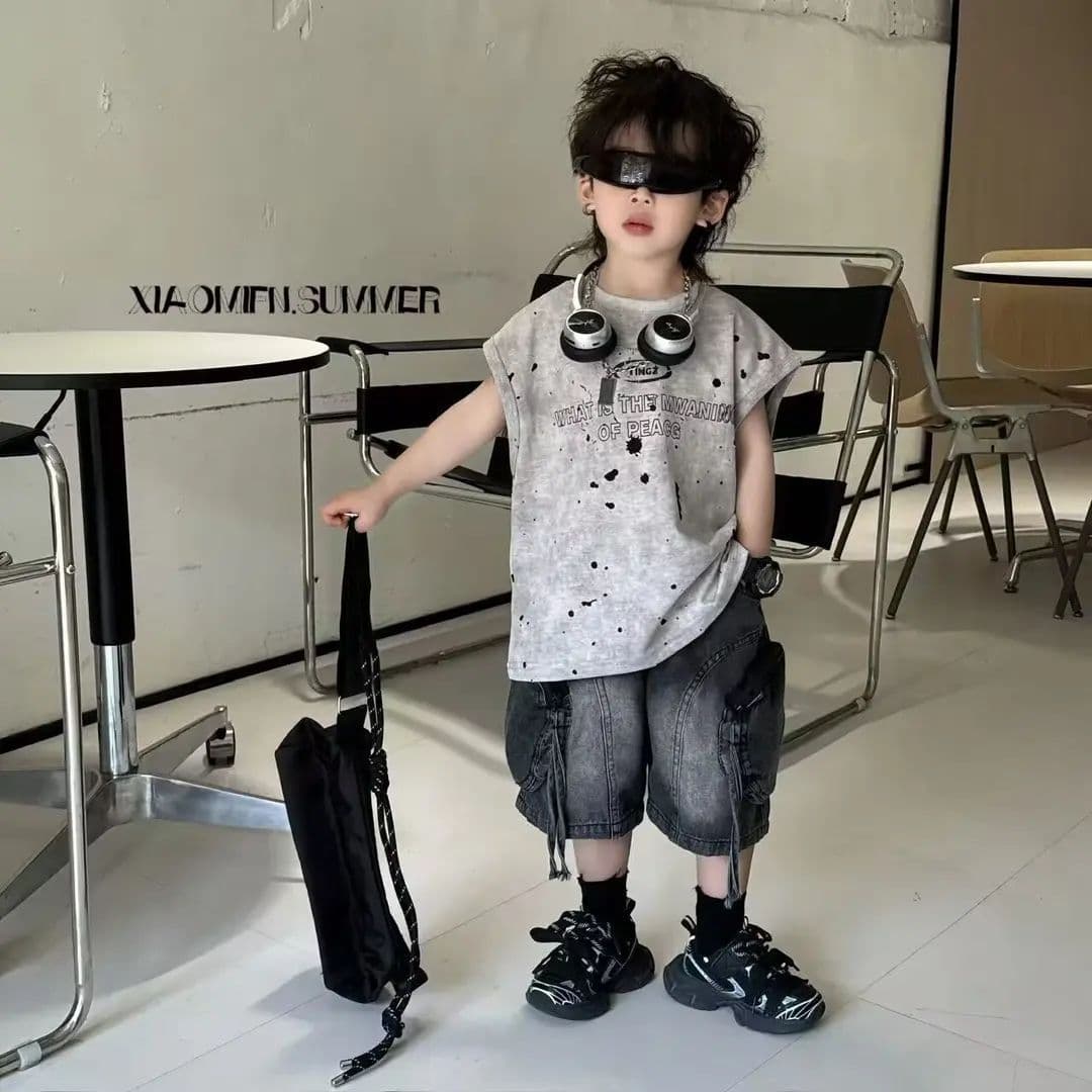 Summer New Boys' Style Vest T-Shirt And Denim Shorts Trendy Cool And Stylish Clothing For Kids 3-7 Years Old