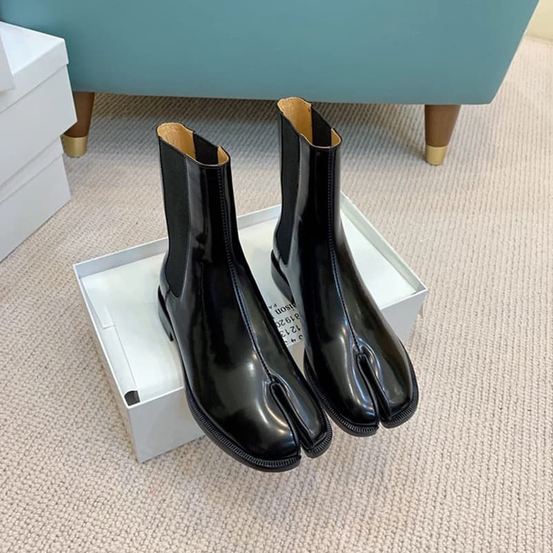 ~ 2026 Cowhide Version Niche Genuine Leather Split-Toe Pig's Hoof Shoes Slimming Chunky Heel Mid-Calf Martin Women's ~
