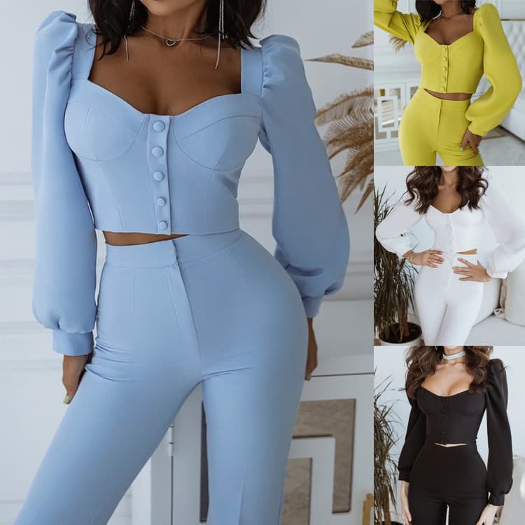 Women's clothing casual palace style lantern sleeve tops bell-bottom pants suit