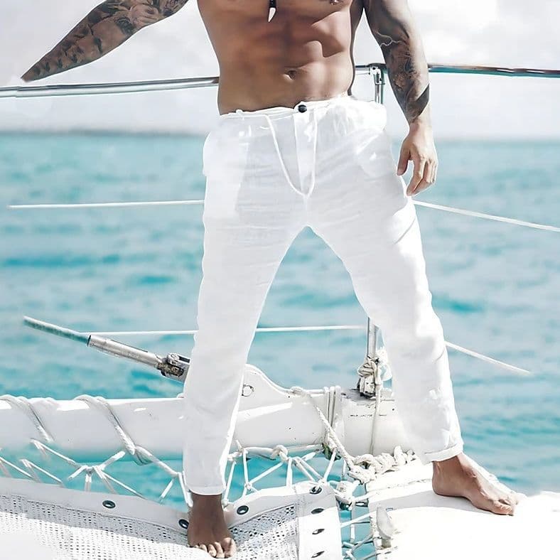 Man's clothing Linen summer beach pants draw rope elastic waist pleated plain comfortable breathable casual everyday fashion dress pants