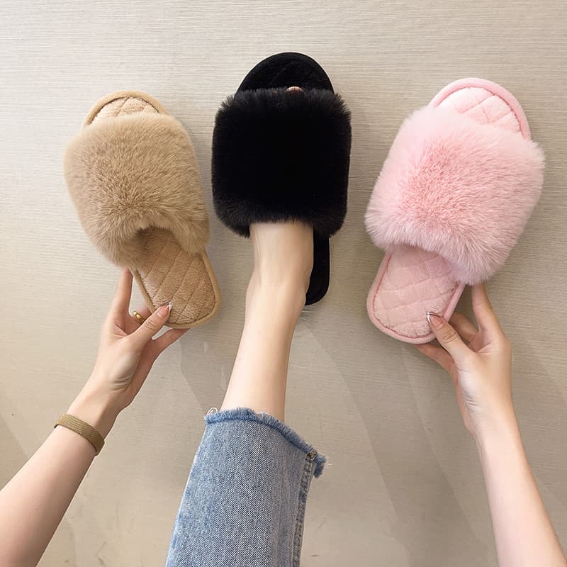 Fluffy For Women 2023 New Home Flat Warm One-Word Internet Celebrity Fashion Cotton Slippers
