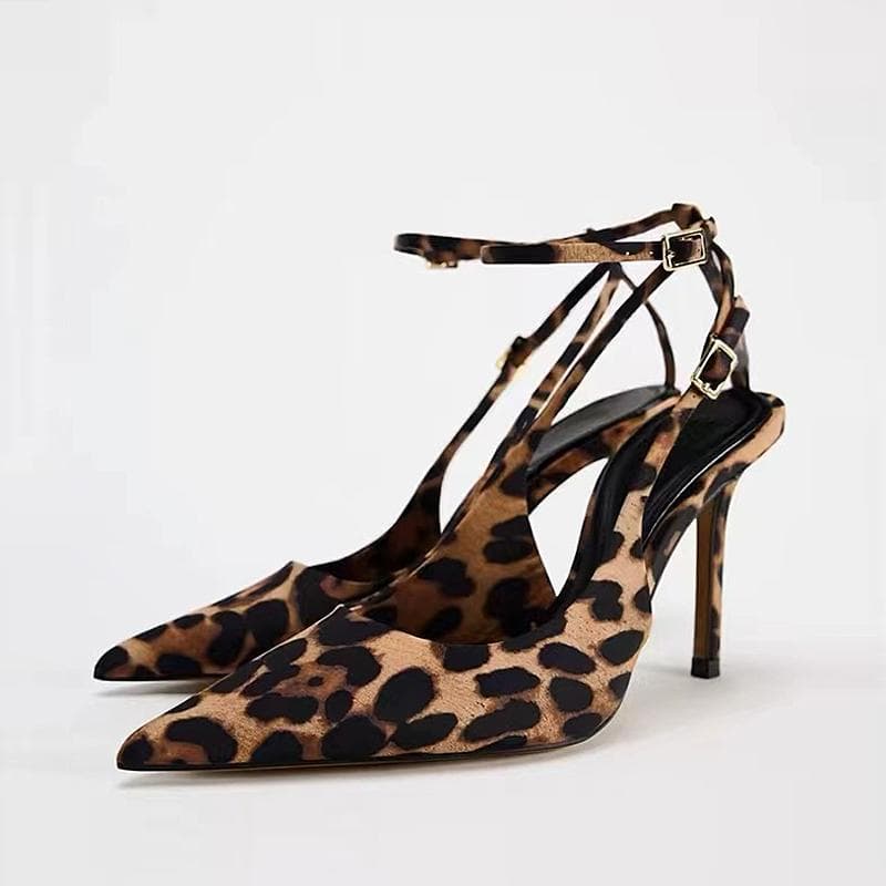 Women's Sexy Leopard Print Pointed-Toe Stiletto Mule Sandals With Single Strap Parties & Night Out Pointed Toe, Stiletto Heels, Low Cut Sandals.